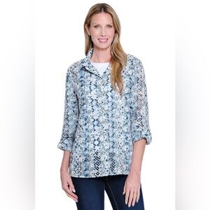 John Mark- Embroidered Eyelet Printed Button Front Top in Blue